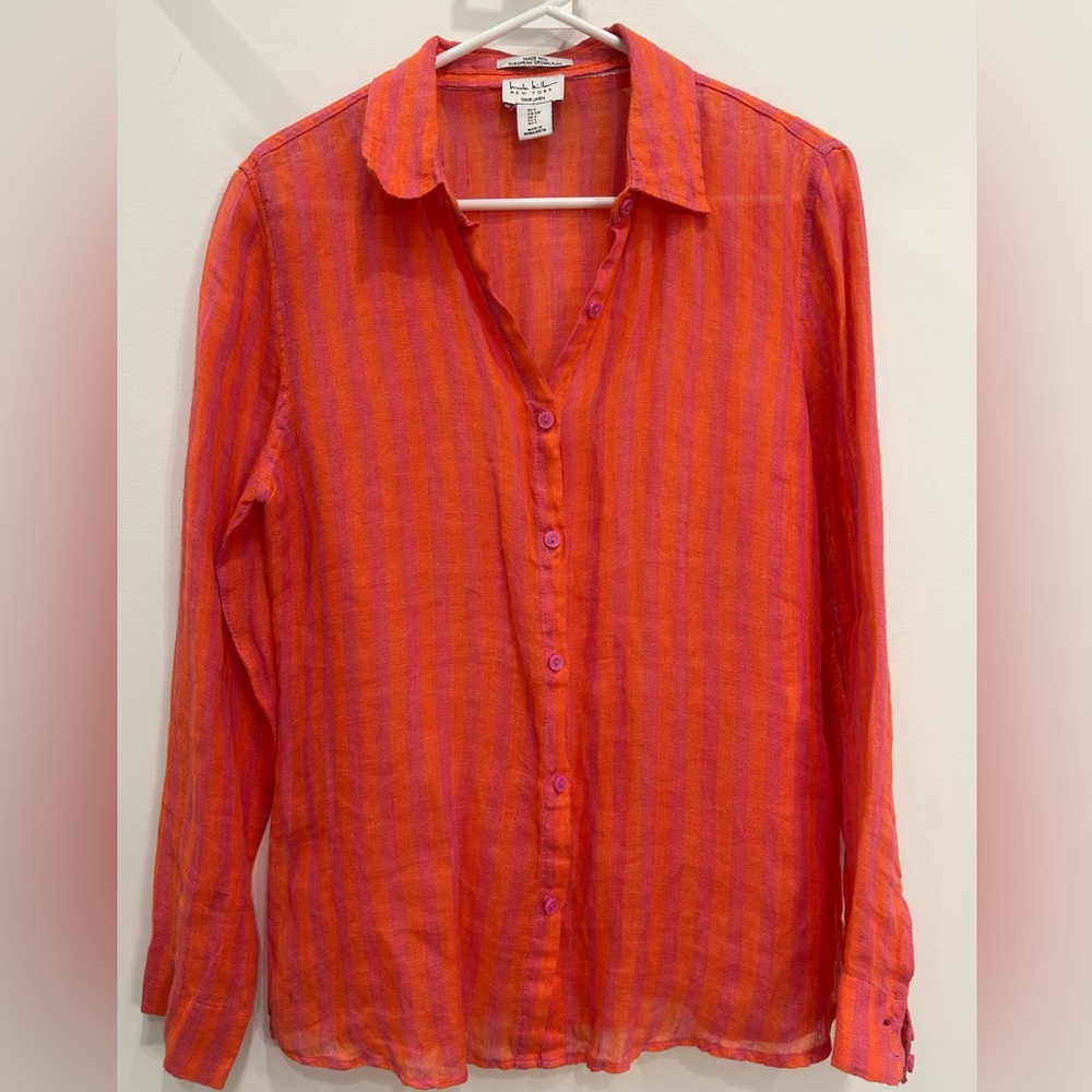 Nicole Miller Orange and Pink Striped linen shirt